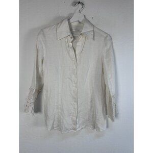 Carven Femme White Linen Button-Up Shirt With Lace Cuff Womens Size Small Casual